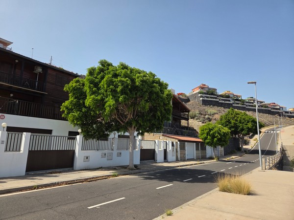 Calle con casas de madera y árboles frondosos bajo la ladera en Costanera