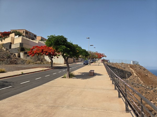 Tramo largo del paseo marítimo de Costanera con bancos y flamboyanes en flor